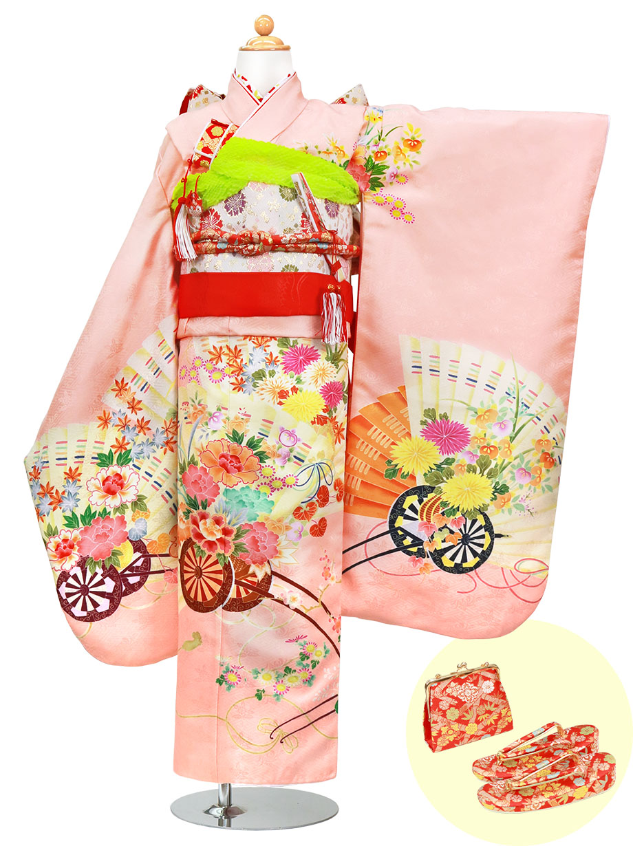 ピンク地に花車と花扇の着物／七五三・七歳女の子 | 宅配着物レンタル
