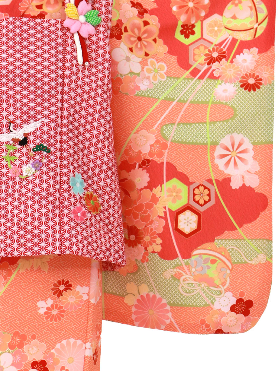 オレンジに疋田のエ霞、赤の被布コートセット／七五三・三歳女の子