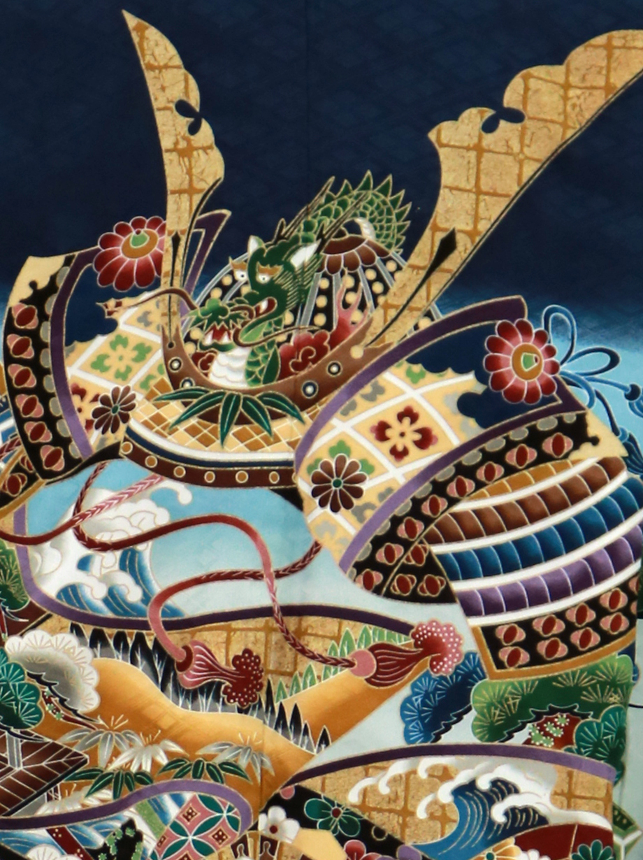 紺地に兜柄の七五三羽織袴セット、金襴の袴／七五三・五歳男の子・袴