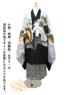 淡い水色地に鷹と虎、黒縞の袴／七五三・五歳男の子・袴 | 宅配着物