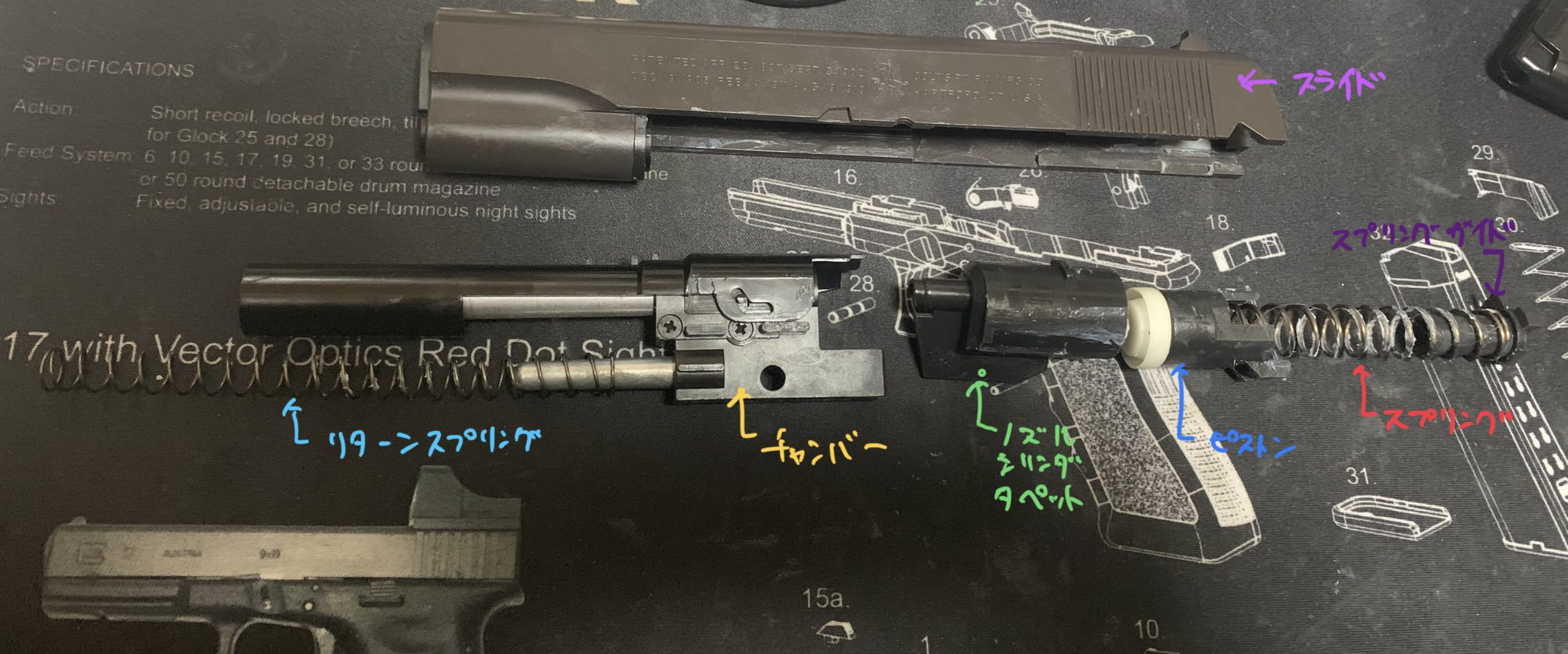 東京マルイ コルトM1911ガバメント HG エアコキ 分解と仕組:スライド