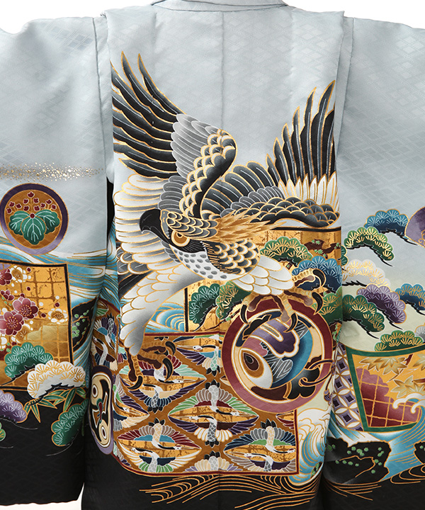 七五三(五歳男の子)着物レンタル｜鷹柄白縹色羽織 黒着物×黒縞袴｜W-B