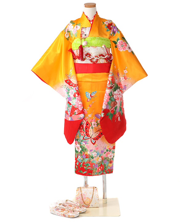 七五三(七歳女の子)着物レンタル｜山吹色に蝶と花々柄着物×白作り帯