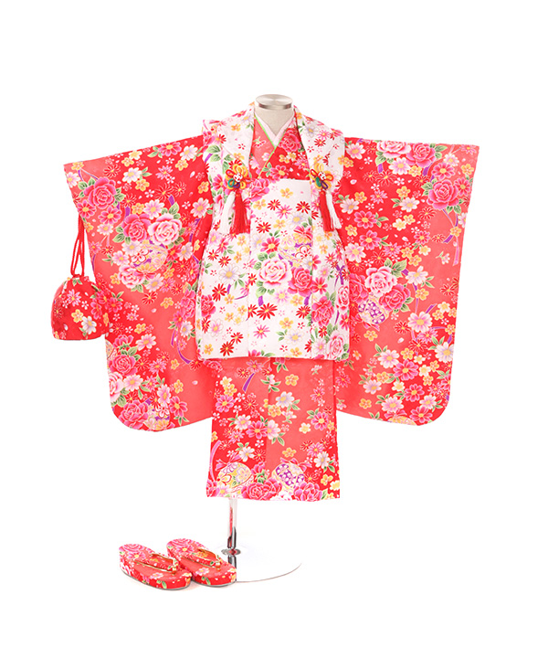 七五三(三歳女の子)着物レンタル｜菊柄ピンク色着物×赤被布｜W-G-3-90