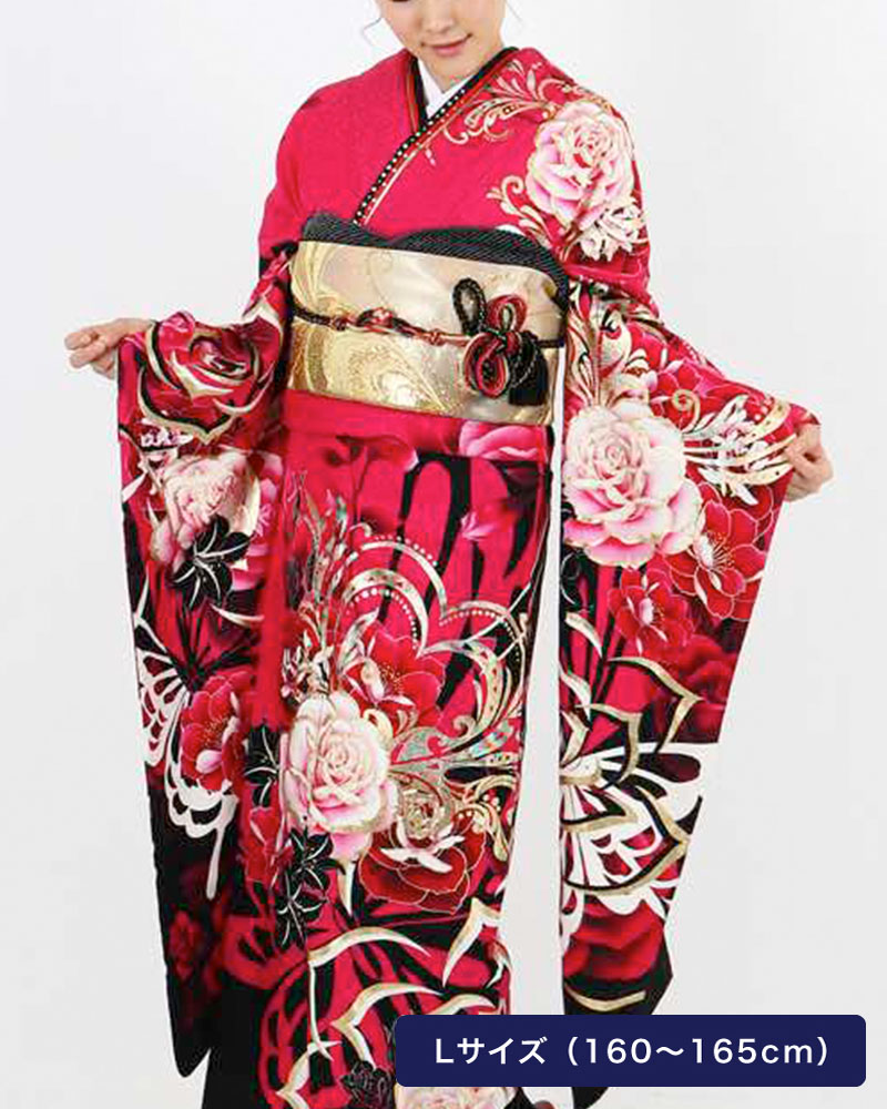 振袖 | 濃いピンク地に黒白暈し 蝶と薔薇とハート模様 | 着物ネット