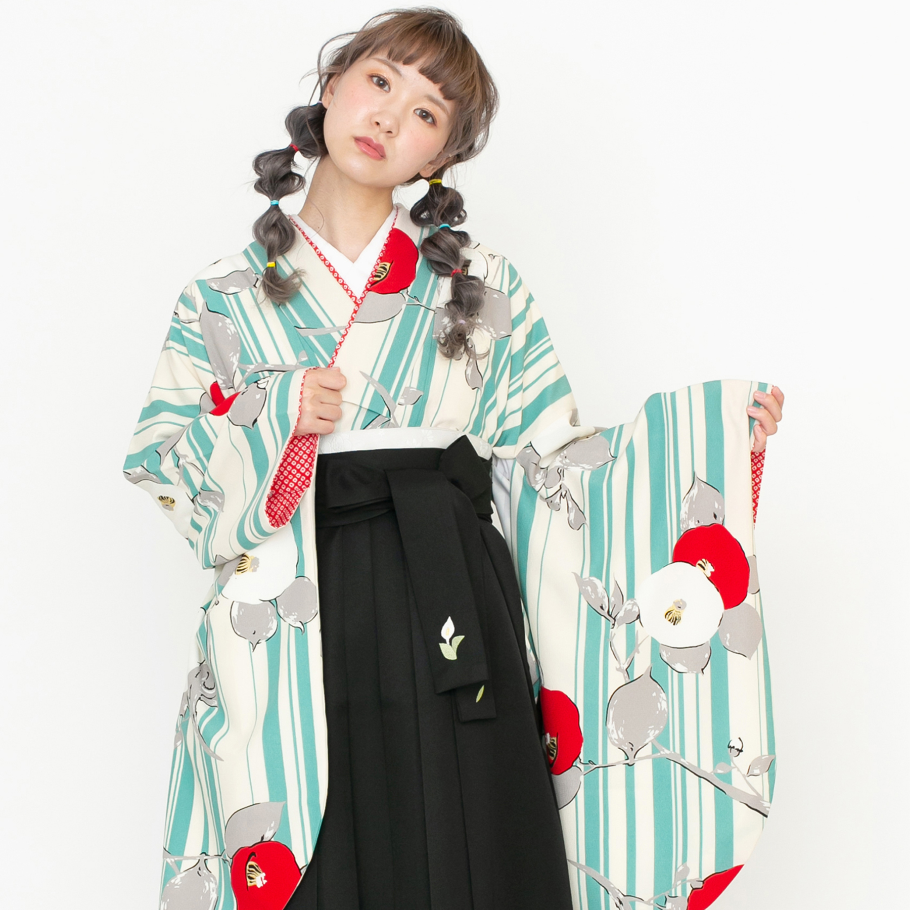 椿・ストライプ/水色【九重】（袴：2way袴／黒） | 【公式】モダン