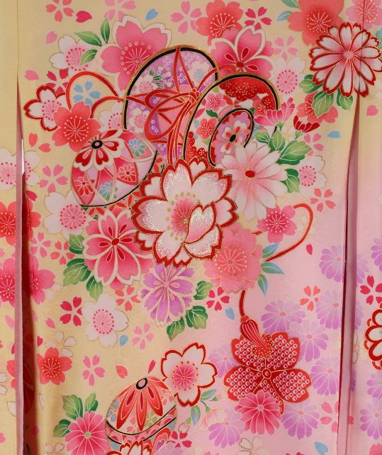 お宮参りの女の子用初着・産着 | 黄色地に桜と鼓No.21｜着物レンタルの