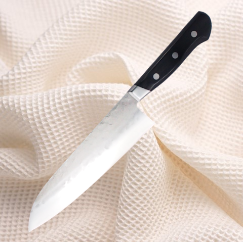 三徳包丁 ステンレス梨地槌目刃渡180mm 青2鋼斜め口金 やまき白木屋