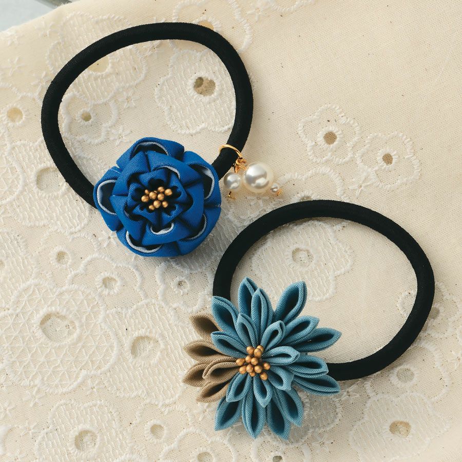 手作りキット 普段づかいのつまみ細工 ヘアゴムセット（ブルーグレー