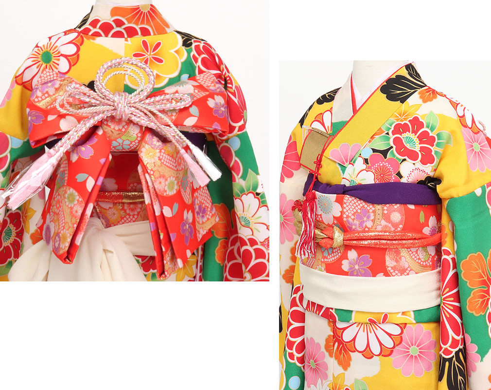 七五三》御祝帯 子供用 作り帯 日本製 ＜中寸・大寸＞ ＜朱赤／鞠 桜