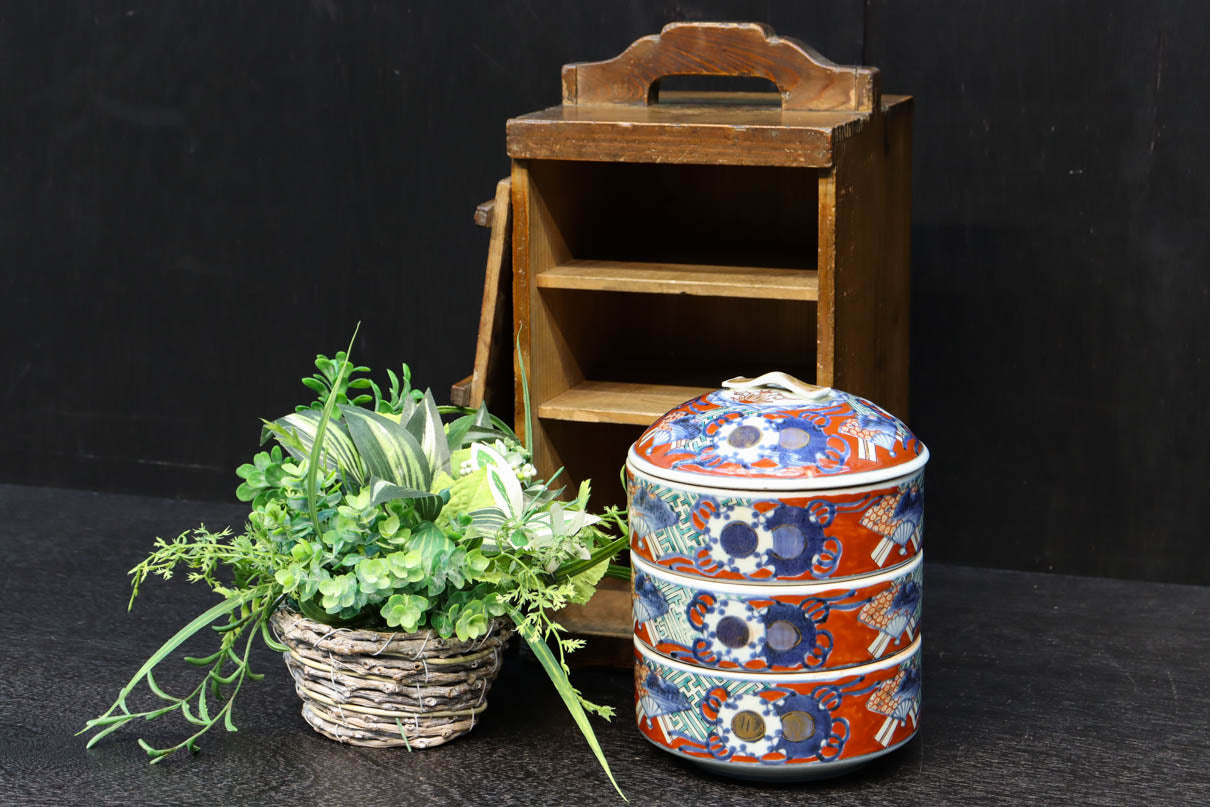 華やかで趣きのある陶器製重箱セット(おかもち付き) DC5788 在庫1組