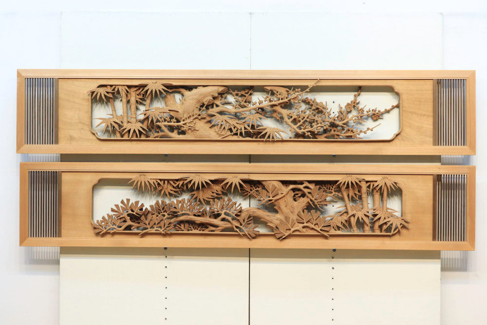 長尺サイズ!! 縁起良い松竹梅を描く深彫り彫刻欄間 EZ1565ab 在庫(a:0