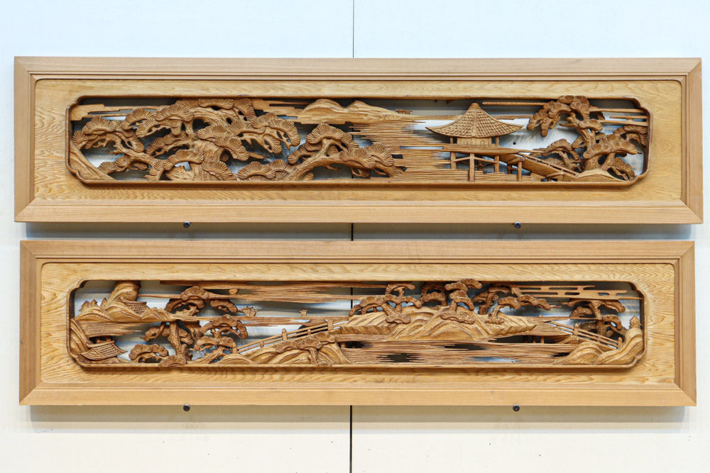 美しい風景を迫力ある深彫り彫刻で描いた彫刻欄間 EZ2620ab 在庫(a