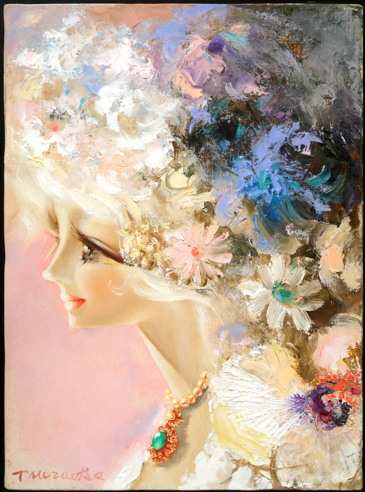 鶴岡義雄「マドモアゼル」油絵・F4号 絵画買取・販売の小竹美術