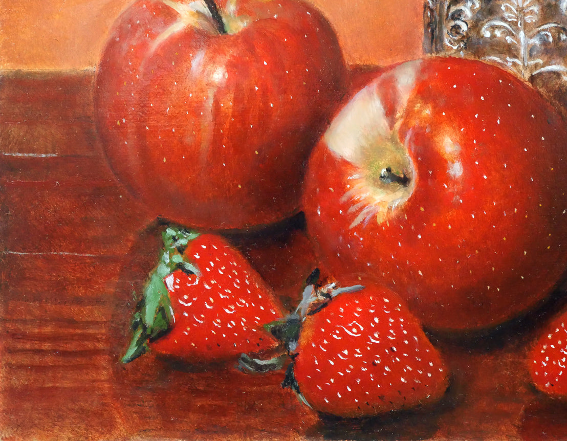 山中雅彦「果物のある静物（りんご・いちご）」油絵・F4号 絵画買取
