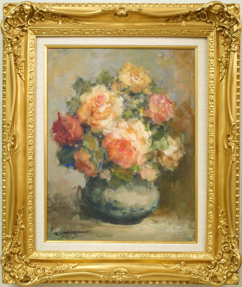 山崎翠祥「薔薇（木製額）」油絵・SM 絵画買取・販売の小竹美術