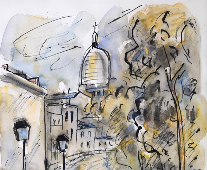 八木伸子「サクレクールの見える道（パリ）」水彩画 絵画買取・販売の