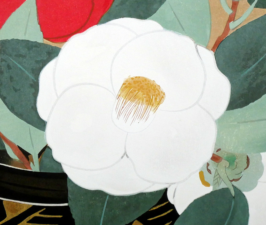 安田靫彦「紅白椿」木版画 絵画買取・販売の小竹美術