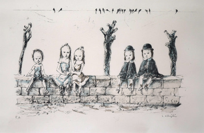 藤田嗣治「塀の上でー子供たちとツバメ」リトグラフ 絵画買取・販売の