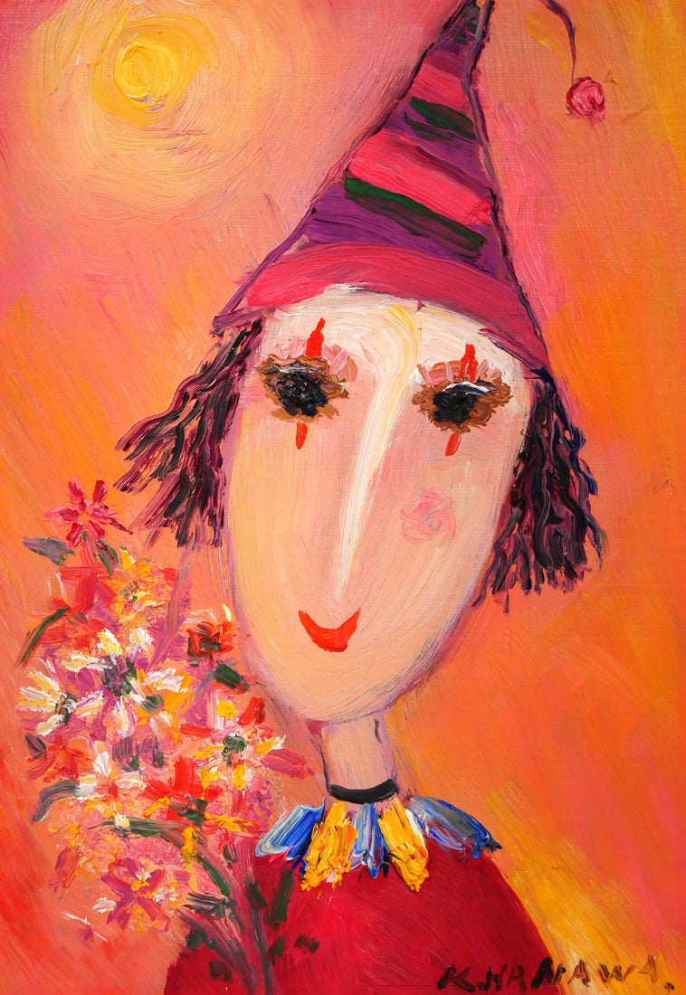 塙賢三「花束を持つ道化」油絵・SM 絵画買取・販売の小竹美術