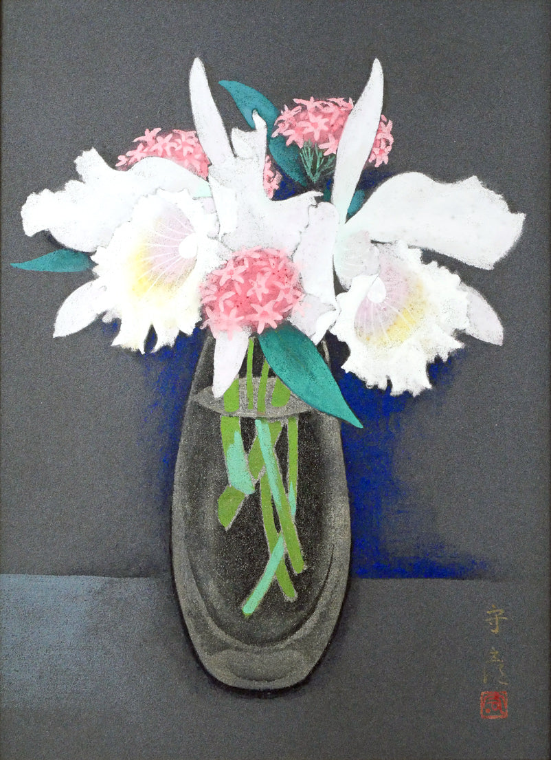 今井守彦「瓶花（カトレヤ）」日本画・P8号 絵画買取・販売の小竹美術