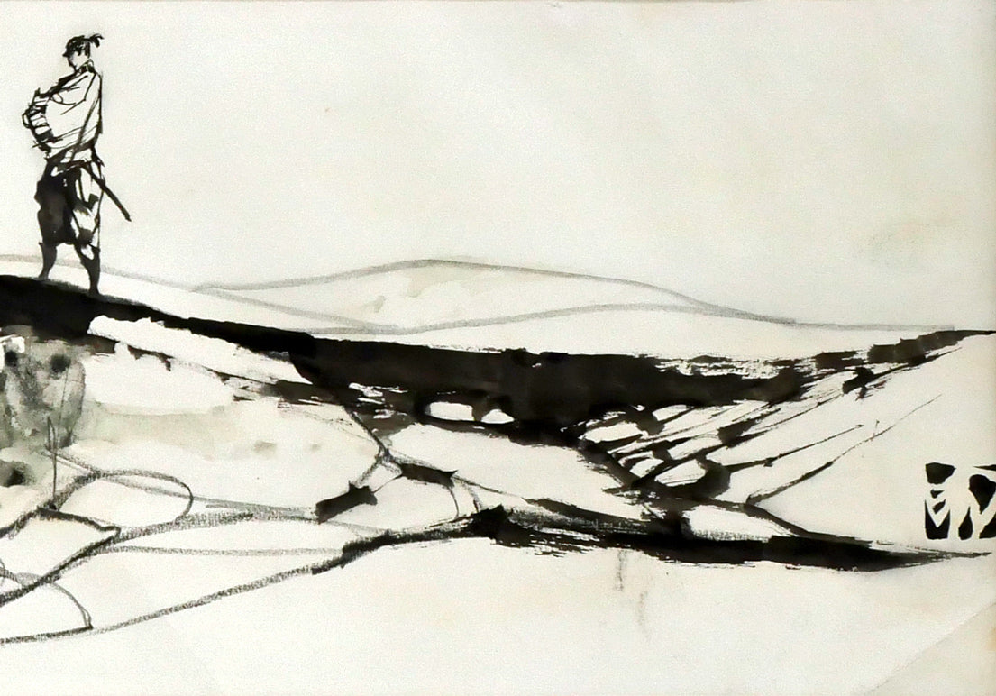 岩田専太郎「挿絵原画カット（横長）」水墨画・10号 絵画買取・販売の