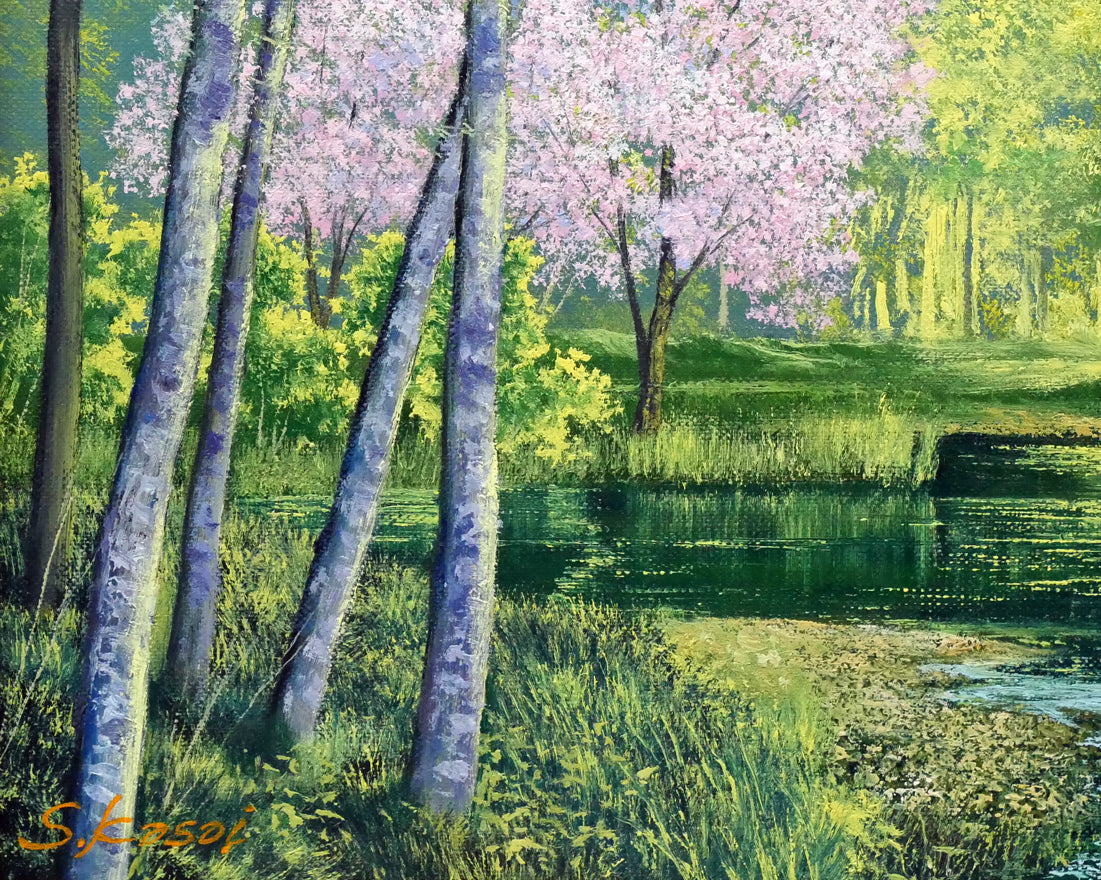 葛西俊逸「水辺の休日」油絵・P8号 絵画買取・販売の小竹美術