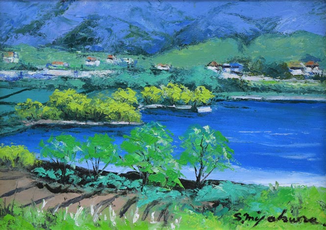 宮倉 靖三「安曇野（木崎湖・長野県）」油絵・F4号 絵画買取・販売の