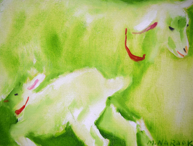 奈良岡正夫「親仔（山羊）」油絵・F4号 絵画買取・販売の小竹美術