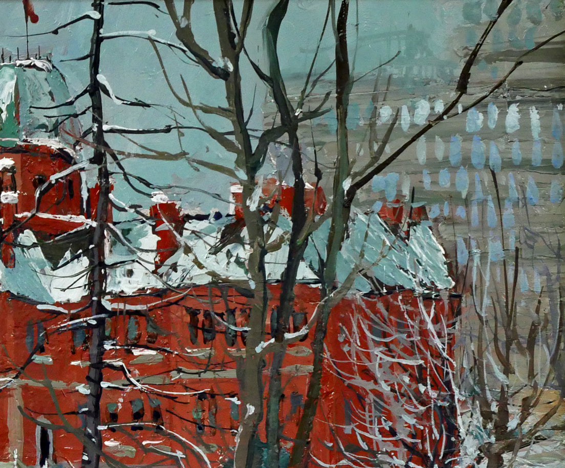 小田切訓「雪の北海道庁」油絵・F8号 絵画買取・販売の小竹美術