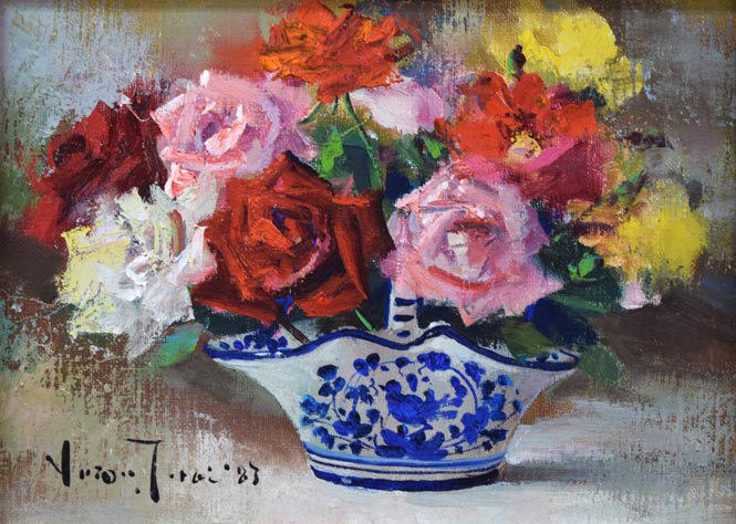 寺井重三「薔薇」油絵・F4号（白銀） 絵画買取・販売の小竹美術