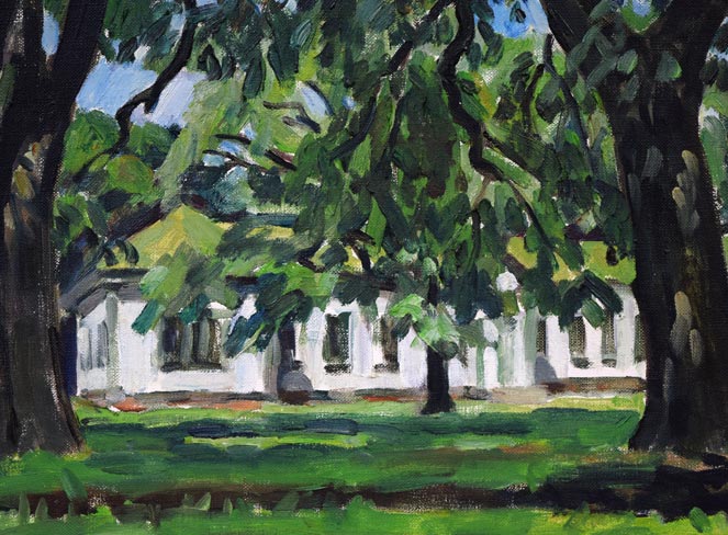 富樫正雄「にれ巨木（北海道大学）」油絵・F8号 絵画買取・販売の小竹美術