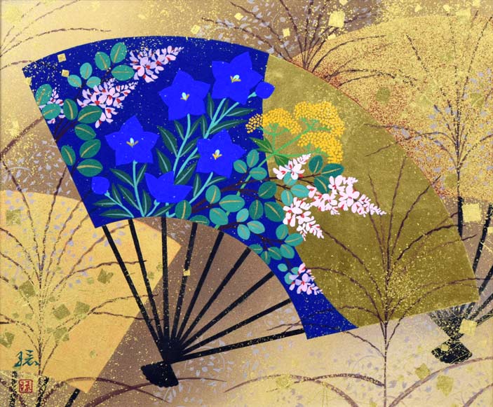 植田環「扇面輝図 月に秋草」日本画・F8号 絵画買取・販売の小竹美術