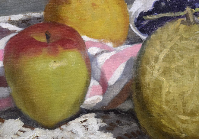 山岸正巳「卓上果物」油絵・F6号 絵画買取・販売の小竹美術