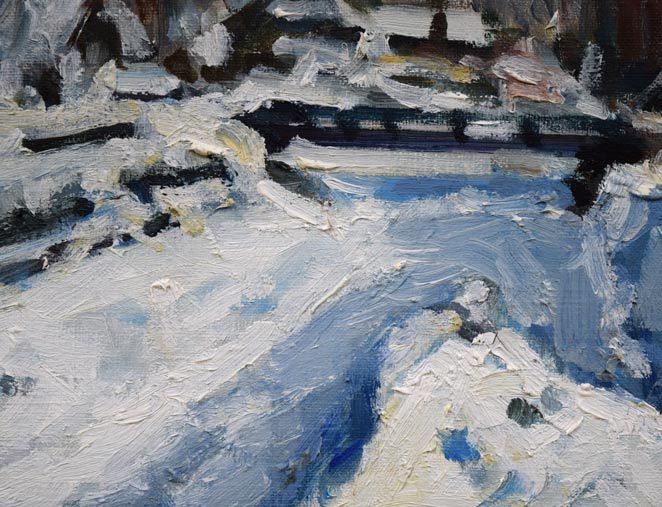 朝倉力男「堀割の雪」油絵・F4号 絵画買取・販売の小竹美術