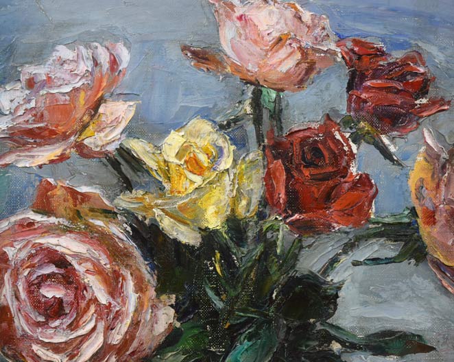 萩谷巌「静物画（ばら）」油絵・F6号 絵画買取・販売の小竹美術