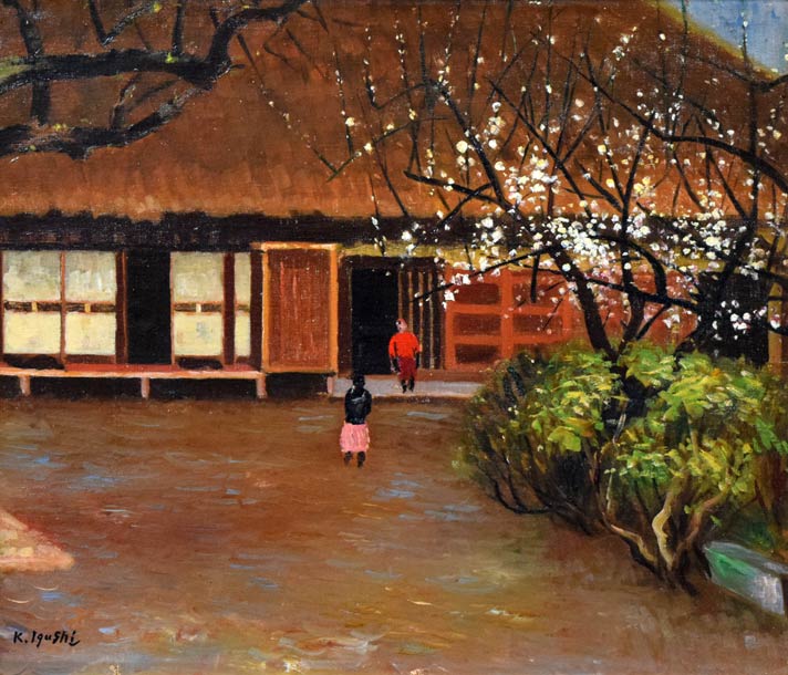 居串佳一「梅咲く農家」油絵・F10号 絵画買取・販売の小竹美術