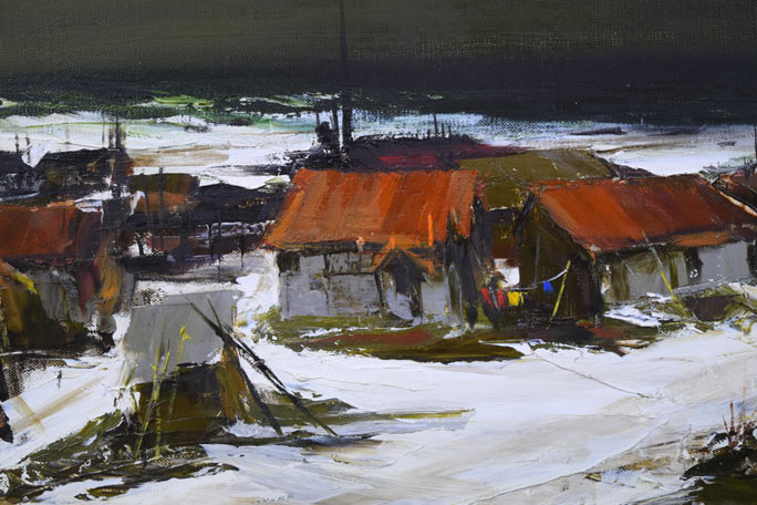 葛西四雄「北の漁村」油絵・M10号 絵画買取・販売の小竹美術