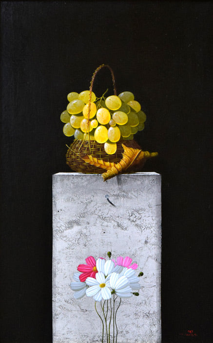 百瀬郷志「葡萄とコスモスと」油絵・M10号 絵画買取・販売の小竹美術