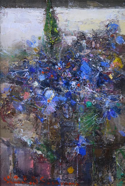 笹山峻弘[俊弘]「青い花」油絵・SM 絵画買取・販売の小竹美術