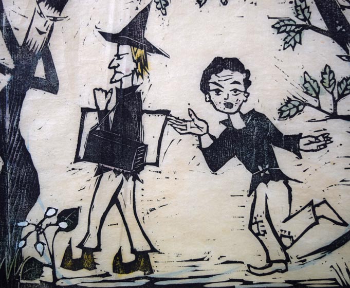 佐藤国男「かしわばやしの夜」木版画に裏彩色 絵画買取・販売の小竹美術