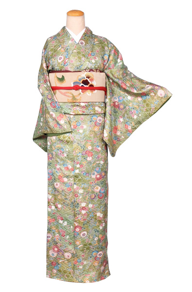 小紋［若草色地の花模様］｜着物レンタルあき (来店着付け無料・全国