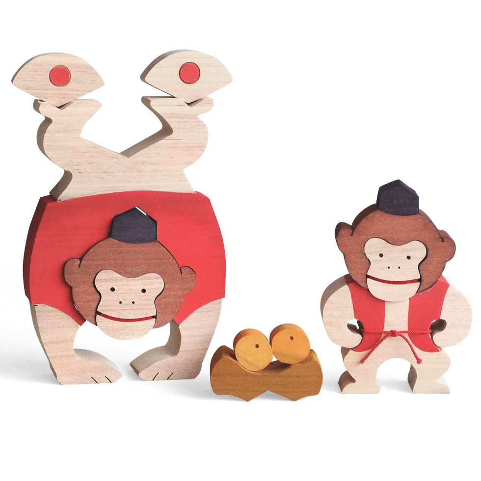 芸ザルの親子（小） 木のおもちゃ杢・MOKU