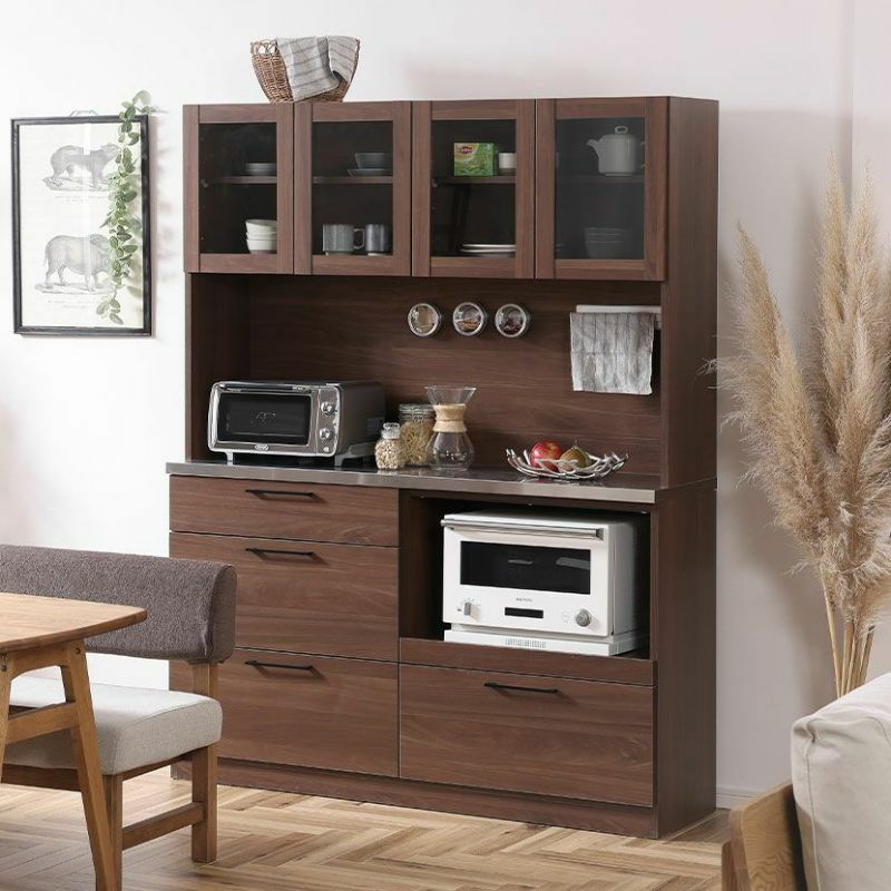 幅140.4cm 食器棚 日本製 木目調 ガラス扉 ステンレス天板 コンセント