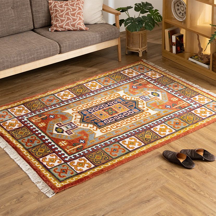 90×130cm トライバルラグ CRIMSON 手織り 天然素材 コットン ウール