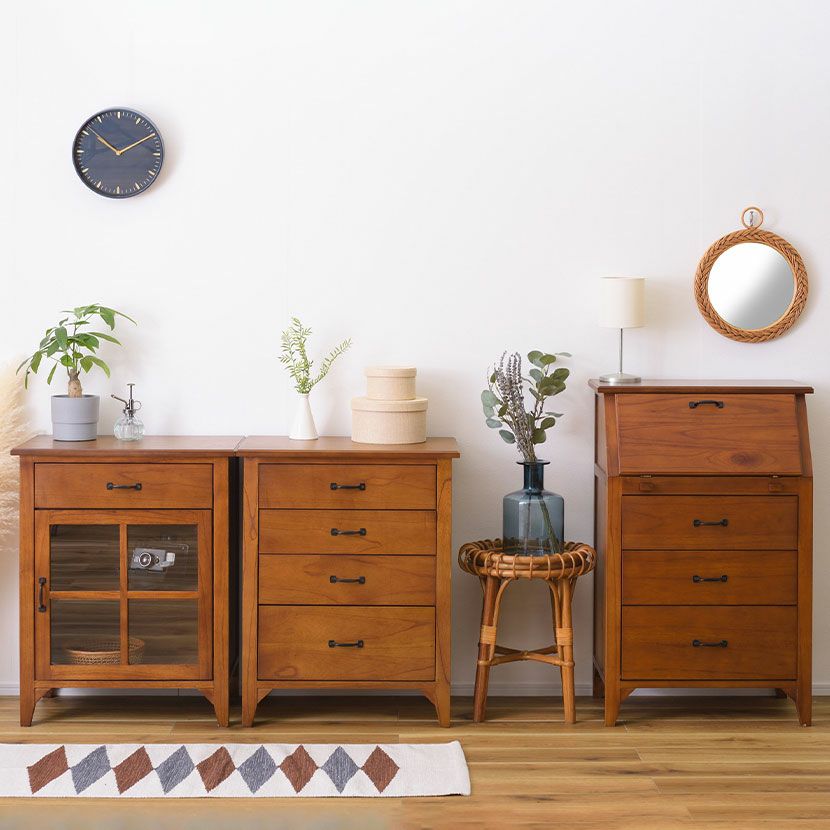 幅60cm 木製 ライティングチェスト アンティーク風 引出し付き 天然木