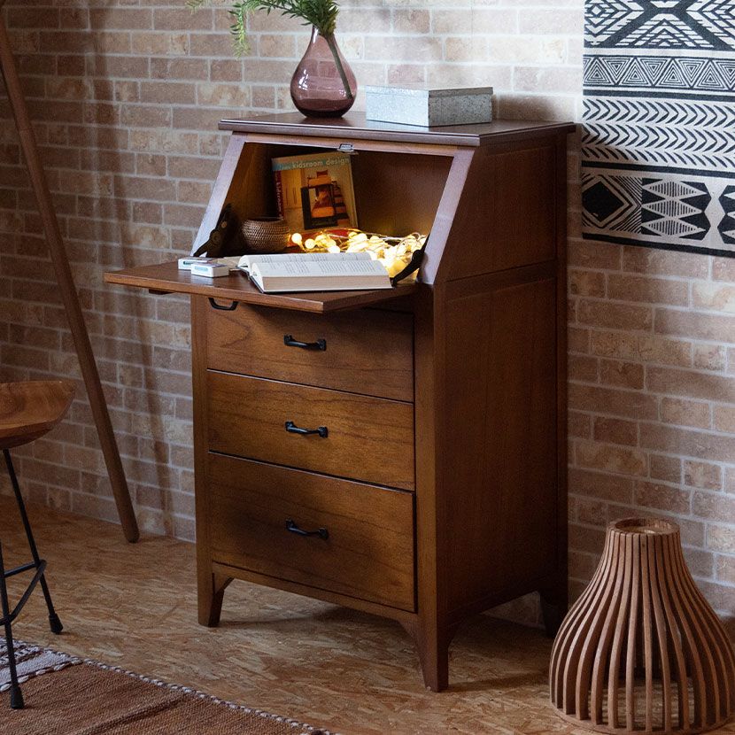 幅60cm 木製 ライティングチェスト アンティーク風 引出し付き 天然木