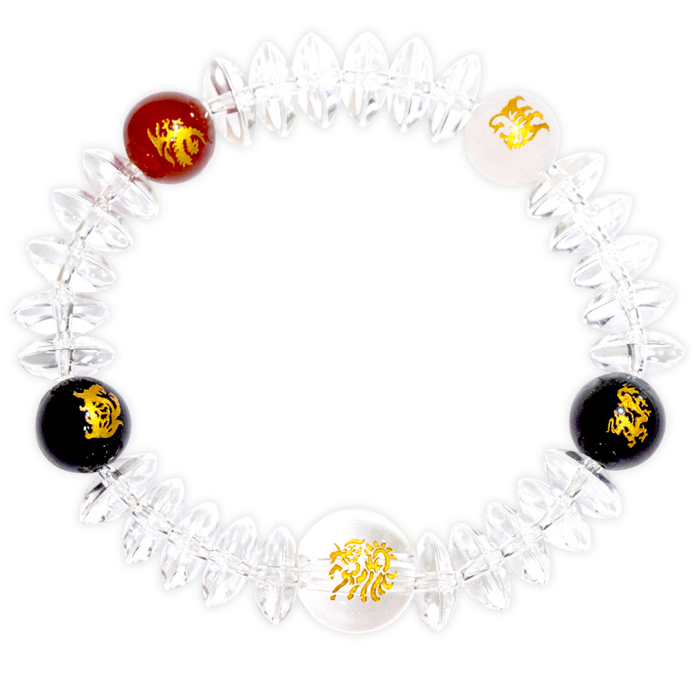 麒麟 + 四神 念珠 （ 数珠 じゅず ） ブレスレット 本水晶 金彫り 金