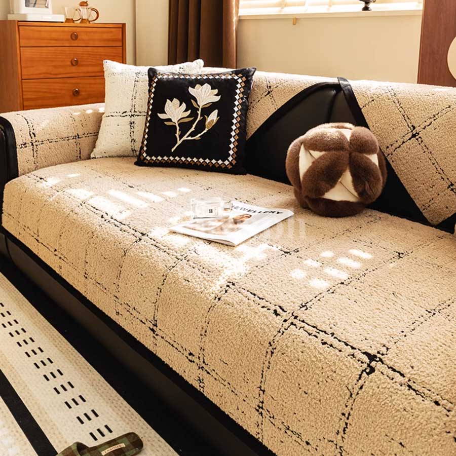 ボアチェックソファーカバー(5colors)（白・黒・灰・ベージュ・緑