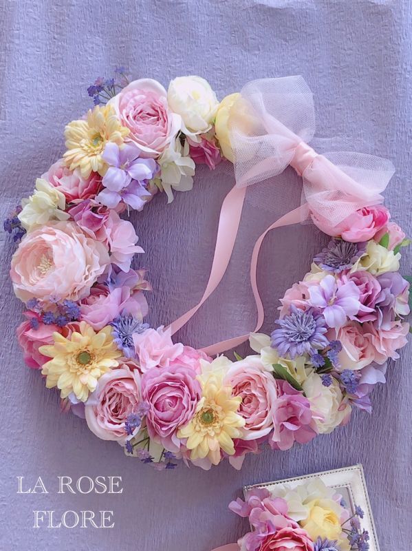 ピンクxパープルxソフトイエロー ラプンツェルカラーのリースブーケ